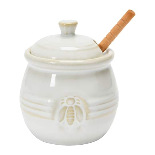 Hello Honey® 3.5" White Ceramic Honey Bee Pot & Wood Dipper
